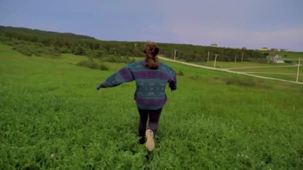 一个年轻貌美的女人从后面缓缓地跑下山坡 穿过一片青草丛生的田野 后续行动 — 图库视频影像