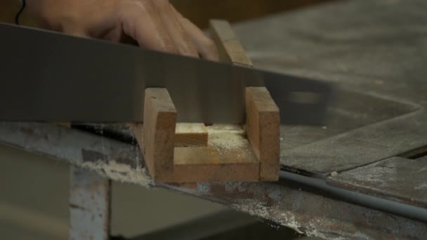 側から手すりで正方形の木材を切断 — ストック動画