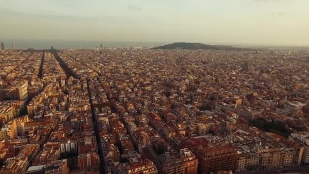 Increíble Puesta Sol Aérea Por Encima Ciudad Barcelona España Con — Vídeos de Stock