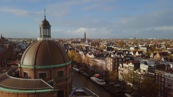 Amsterdam City Rooftop Flygfoto Öppna Scenen Höst Solig Dag — Stockvideo