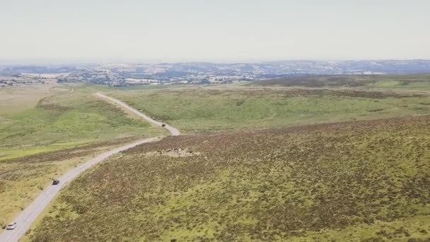 Vista Aérea Pastoreio Gado Perto Estrada Parque Nacional Dartmoor — Vídeo de Stock