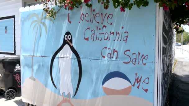 Murale Pinguino Sulla Spiaggia Che Esprime Speranza Che California Salvi — Video Stock