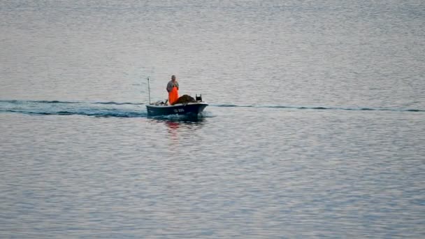 Old Traditional Fisherman Croatia Small Wooden Boat Returning Harbor Catching — Stock Video