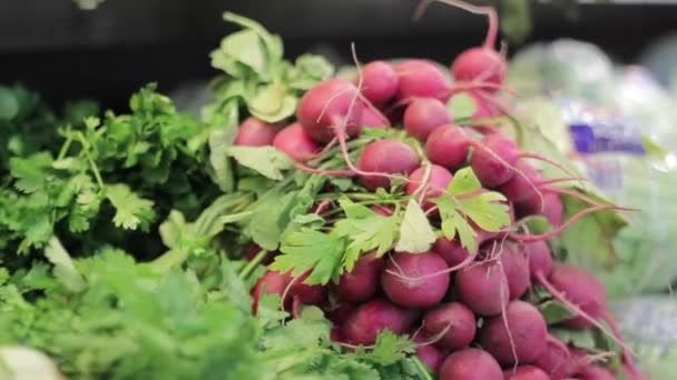 小市场上的蔬菜 萝卜和芹菜 干的和丑的 — 图库视频影像