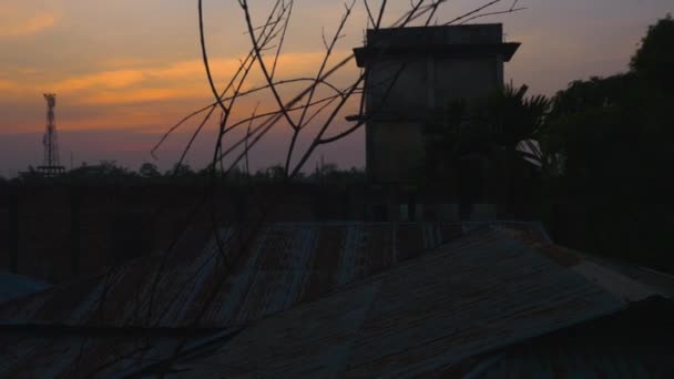Panning Slide Shot Chłopca Rzucającego Kamieniami Dachu Sylhet Podczas Zachodu — Wideo stockowe