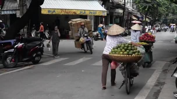 越南街头生活 一个人骑着一辆带着大行李的摩托车 — 图库视频影像