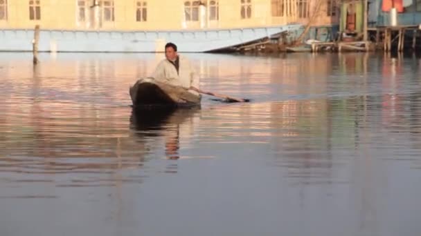 インドのカシミールのダル湖からのシーン 文化のボート 船はシカラと呼ばれる ドキュメンタリー感 — ストック動画
