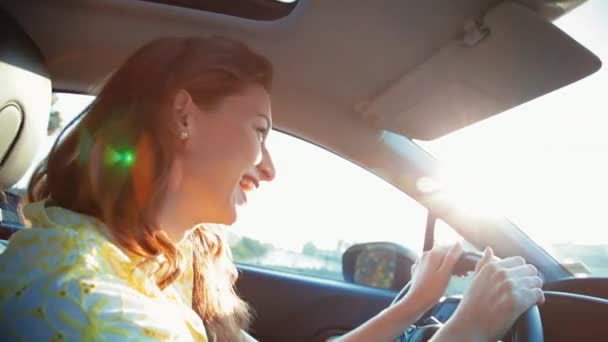 Medium Shot Young Beautiful Woman Driving Smiling Laughing Enjoying Music — Stock Video