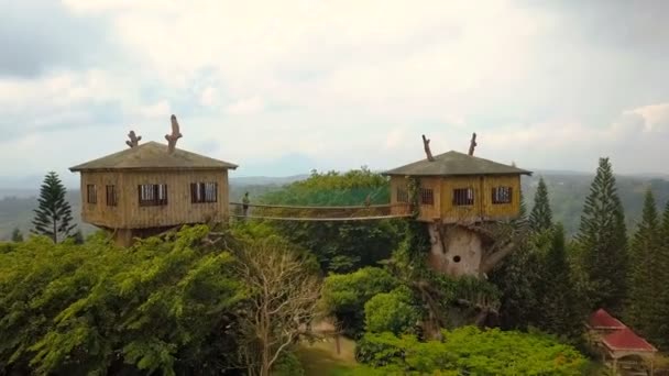 Bridge Mellan Tree House Övergiven Nöjespark — Stockvideo