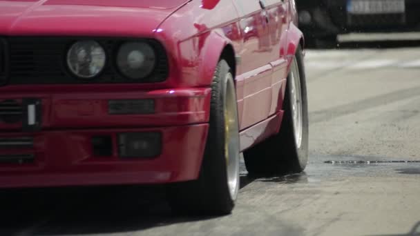 Red Car Burnout Wyścigu Drag — Wideo stockowe