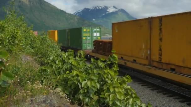 Trem Carga Ferroviário Alasca Viaja Câmera Lenta Longo Costa Oceânica — Vídeo de Stock