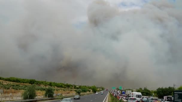 Durante Los Incendios Forestales Ática Grecia Vista Del Humo Carretera — Vídeos de Stock