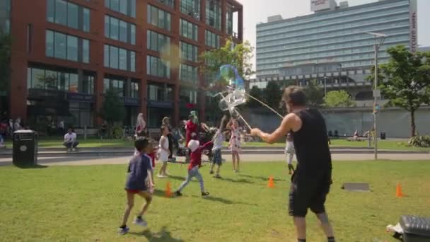 Artista Strada Che Bolle Bambini Che Giocano Sull Erba — Video Stock