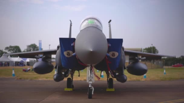 Frontansicht Eines Statischen Kampfjets Der Air Force Beim Royal International — Stockvideo