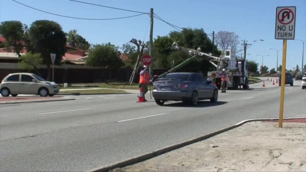 Trabajadores Carretera Road Side Administrando Flujo Tráfico Automóviles Camiones Forma — Vídeos de Stock