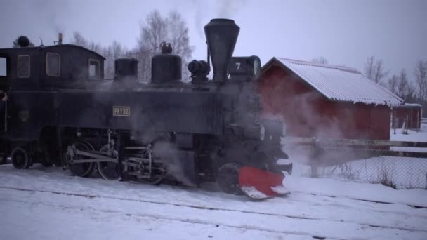 Steam Locomotive Narrow Gauge Railway People Walking Platform Winter Panorama — Stock Video