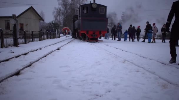 Locomotora Vapor Ferrocarril Vía Estrecha Acercándose Personas Esperando Para Tren — Vídeos de Stock