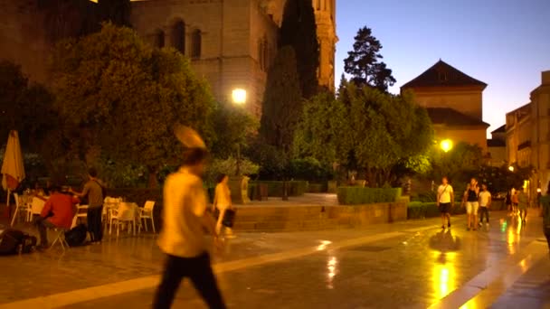 Rua Com Músicos Muros Castelo Medieval Árvores Altas Frente Castelo — Vídeo de Stock