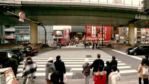 Zeitraffer Überquert Eine Menschenmenge Eine Vielbefahrene Kreuzung Osaka Japan — Stockvideo