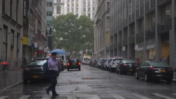 Hombre Con Paraguas Cruzando Las Calles Ciudad Día Lluvioso — Vídeos de Stock