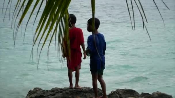 Kinderen Rotsen Buurt Van Oceaan Phillippines — Stockvideo