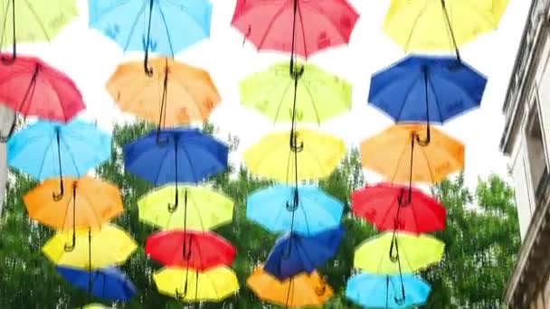 Slow Motion Umbrellas Hanging Street Art Exhibit — Stock Video