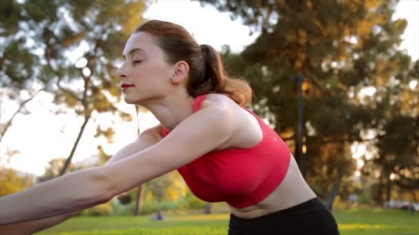 Güzel Genç Formda Beyaz Bir Kadının Dışarıda Yoga Yaparken Öne — Stok video