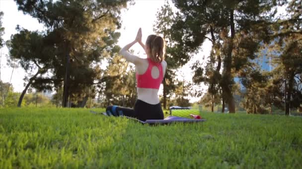 Weitwinkelaufnahme Einer Schönen Jungen Fitten Kaukasischen Frau Die Draußen Yoga — Stockvideo