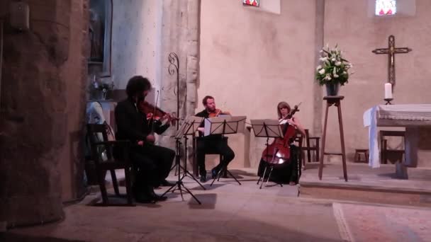 Kwartet Smyczkowy Gra Kościele Podczas Ceremonii Ślubnej — Wideo stockowe