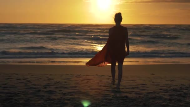 Güzel Genç Bir Kadın Gün Batımında Sahilde Yürüyor — Stok video