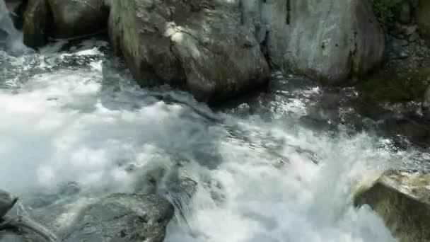 Watching Waterfall Flow Blue Skies Clouds Mountains Auron France — Stock Video