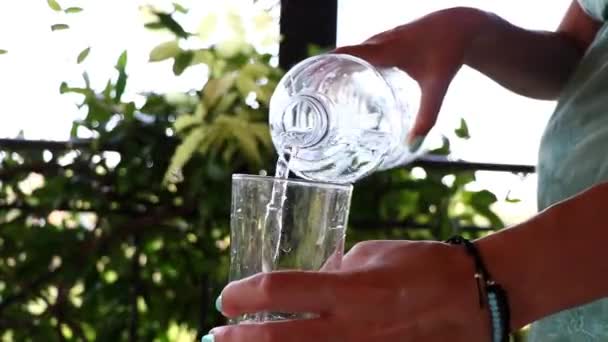 Filling Glass Clear Water Close Woman Pouring Water Bottle Glass — Stock Video