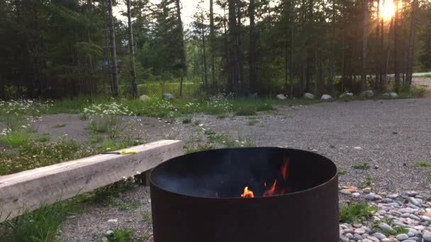 Sommerlagerfeuer Brennt Einer Feuerstelle Während Hintergrund Die Sonne Untergeht — Stockvideo