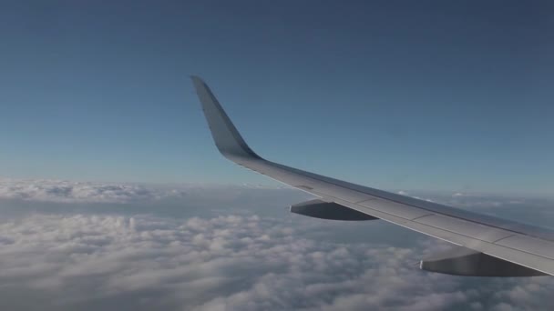 Een Blik Vanuit Een Vliegtuig Dat Wolken Vliegt Blauwe Lucht — Stockvideo