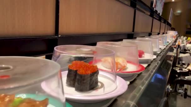 Een Sushi Restaurant Verschillende Borden Van Sushi Bewegen Een Transportband — Stockvideo