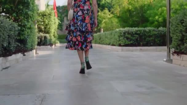 Girl Floral Dress Walking Garden Palm Tries Shot Back Establishing — Stock Video