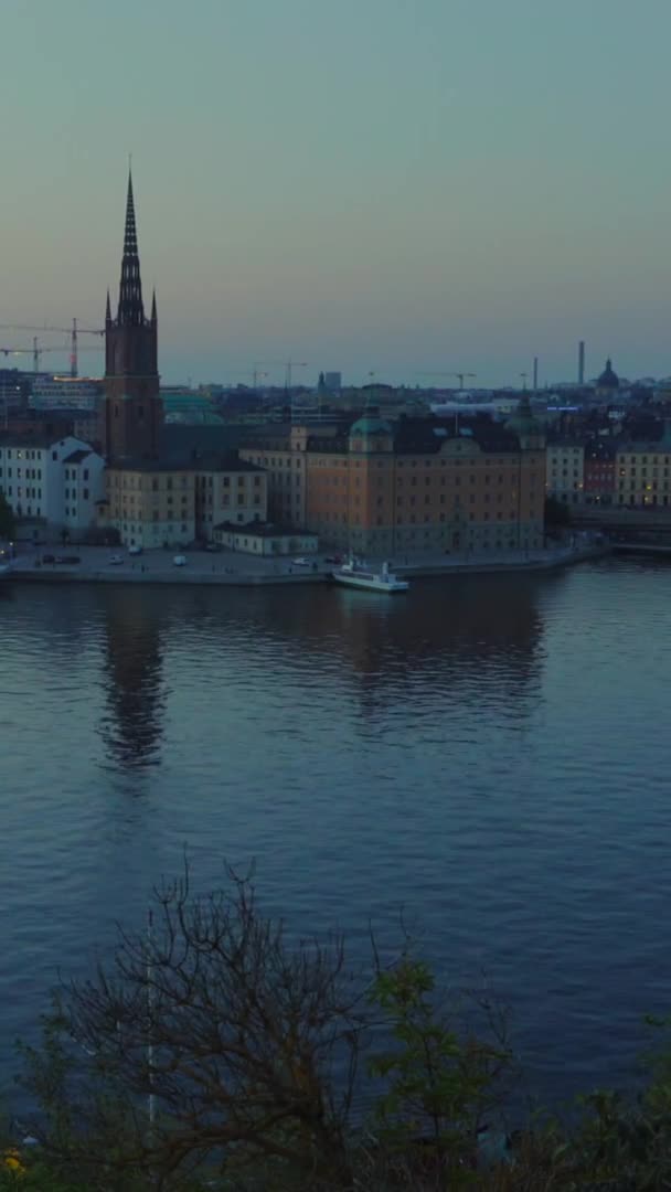 Aerial Sunset Shot Riddarholm Church Background Ferry Moored Pier People — 비디오