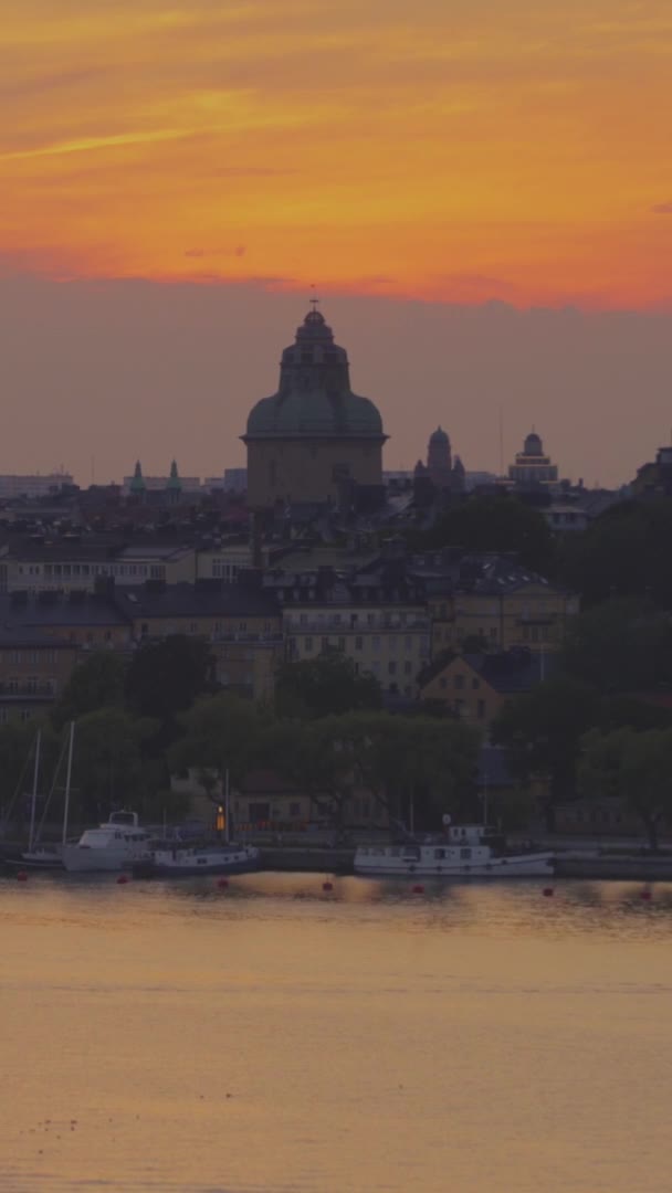 瑞典斯德哥尔摩海湾的空中射击 背景是系泊的船只和建筑物 垂直方向 — 图库视频影像