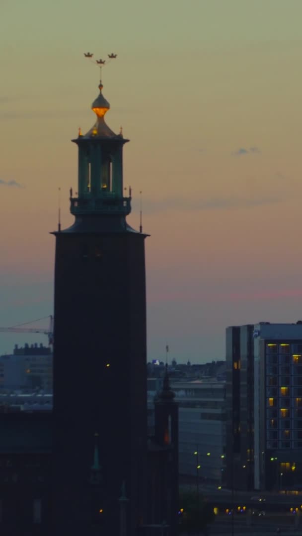 Coucher Soleil Aérien Hôtel Ville Par Baie Stockholm Suède Avec — Video