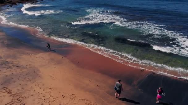 Luftbilde Mor Som Går Med Barn Avsidesliggende Strand Med Bølger – stockvideo