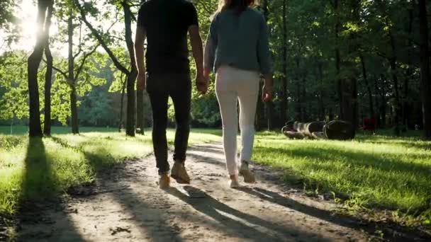 このスローモーション映像では 夕方に公園を歩いている若いカップルを見ることができます 撮影は暖かくて晴れ — ストック動画