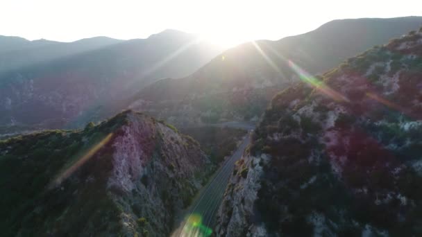 Drone Flying Threw Beautiful Roadway Mountains Sunset — Stock Video