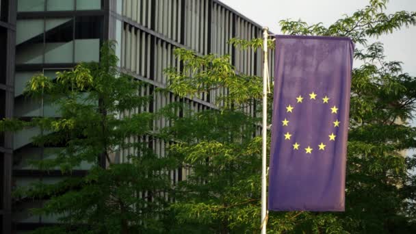 Drapeau Union Européenne Agitant Côté Immeuble Bureaux Entouré Arbres — Video