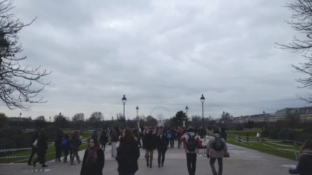 Sacco Persone Turisti Camminano Attraverso Tuileries Jardin Una Giornata Invernale — Video Stock