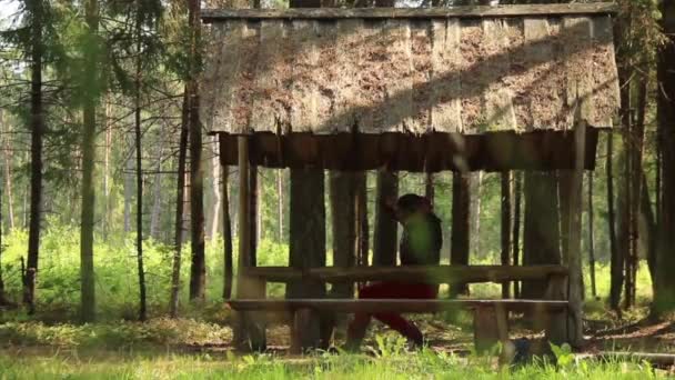 Una Mujer Refugio Forestal Madera — Vídeos de Stock