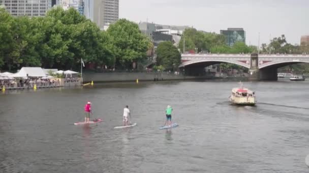 Três Homens Jogando Surf Paddle Boat Rio Yarra Melbourne Austrália — Vídeo de Stock