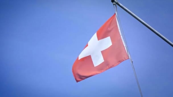 Bandiera Nazionale Svizzera Galleggiante Nella Brezza Estiva Sul Lago Costanza — Video Stock