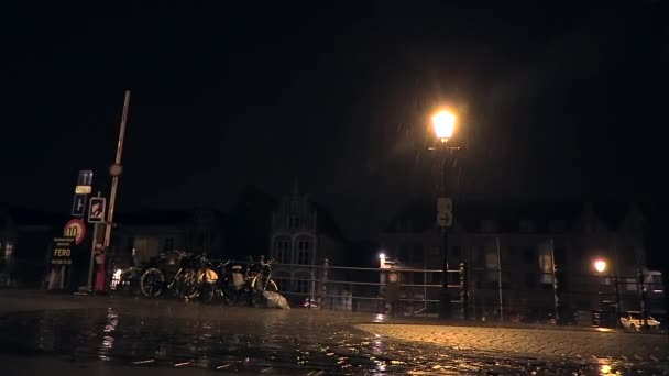 Car Passing Bridge Lightning Strikes Pouring Rain Night City Mechelen — Stock Video