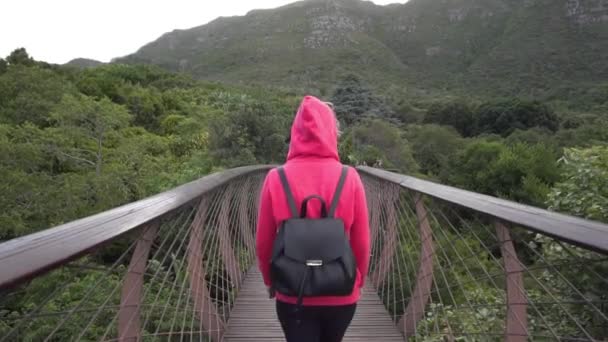 少女は南アフリカ共和国ケープタウンのキルステンボス植物園のスローモーションの吊橋を歩く — ストック動画