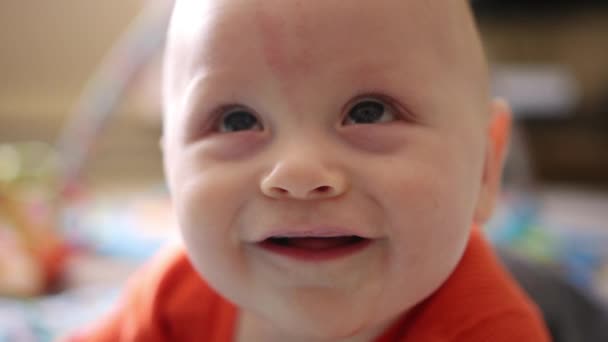 Simpatico Bambino Sei Mesi Sorride Alla Macchina Fotografica Con Meraviglia — Video Stock